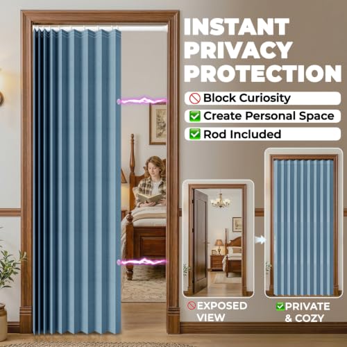 Image of AJAZZ Blackout Closet Door Curtain with Curtain Rods 28-39 in Length Privacy Sound Proof Curtains Suitable for Bedroom Living Room Doorway Curtain Sets (1 Panel, 42 W x 78 L, Blue)