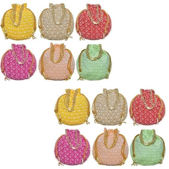 Image of Women Potli Bags | Zari Embroidered Silk With Drawstring | Traditional Return Gifts for Mehandi, Haldi, Baby Shower, Wedding, Sangeet, Seemantham