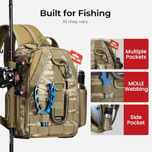 Image of Piscifun Fishing Backpack with Rod Holder, Lightweight Sling Bag Storge Gear and Equipment