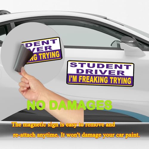 Image of 3 Pack Student Driver Magnet for Car, Magnetic Student Driver Sign for Vehicle, Reflective Warning Bumper Sticker Magnet Sign for New Driver, 10 inch x 4 inch (WHITE-PURPLE)