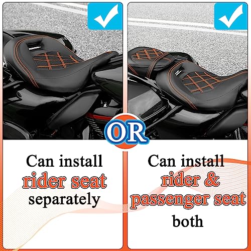 Fovplue Two-Up Seat, Low-Profile Driver Passenger Pillion Seat For Harley Touring Cvo Road Glide Road King Street Glide Electra Glide Ultra Limited Flhtkse Flhtcuse5 2009-2023, Double Orange Stitching #TOP2