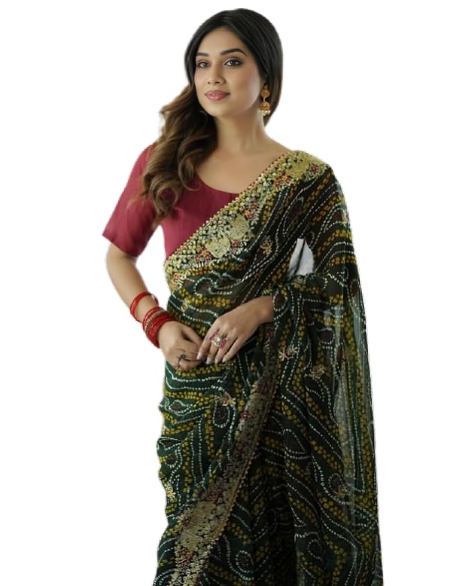 Image of Women's Georgette Bandhani Printed Embroidery Saree with Unstitched Blouse Piece
