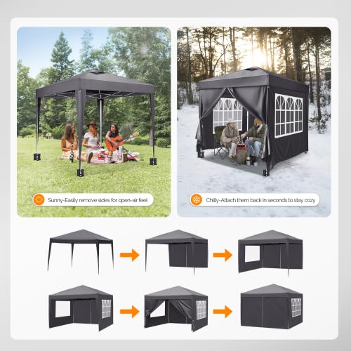 Bonnlo Carpa Plegable de 3x3m, con 4 Bolsas de Arena, UPF 50+, Gazebo y Cenador de Jardín Impermeables, para usos Exteriores, Camping, Fiestas, Playa y Patios, Gris Oscuro