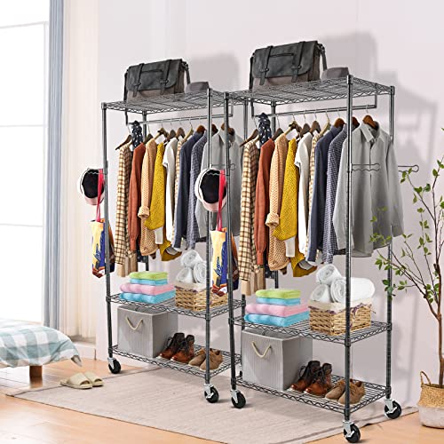Image of WDT 3-Tier Metal Rack Heavy Duty Shelving with Wheels, Metal Stroage Rack with Shelves, Freestanding Shelf with Hanging Rod, Max Load 750LBS,35 inch Wx18 Dx74.4 H