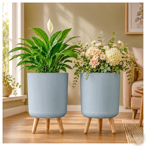 Image of Eightiz Store Modern Dusty Blue Flower Pot with Plastic Legs | Indoor Outdoor Planter for Home Garden Balcony Decor Ribbed Design Sturdy Plastic Mid-Century Style (Dusty Blue, Pack of 2)