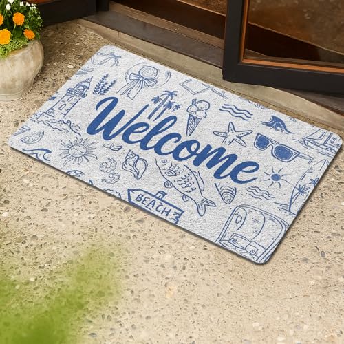 Evcprz Beach Door Mat, Blue Coastal Welcome Mats for Front Door, Retro Tropical Seaside Beachy Nautical Doormat for Porch Outdoor Indoor Entrance, Ocean Bath Rug for Bathroom, 17x30 Inch - Image 5