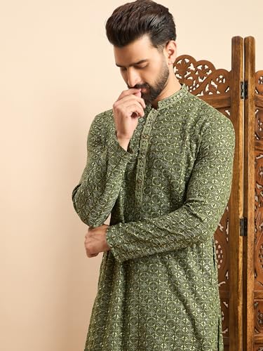 Image of Amazon Brand - Tavasya Men Rayon Geometric Embroidered Mandarin Collar Straight Kurta