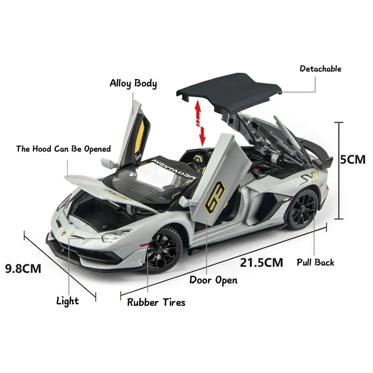 FUNABLO Scale Exclusive Alloy Metal Pull Back Die-cast Car Model with Sound Light Mini Auto Toy for Kids Metal Model Toy Car with Sound and Light (1:24 Scale Lamborghini SVJ 63 -White) 3