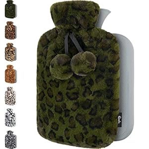 Qomfor Hot Water Bottle with Fluffy Cover – Soft Premium Faux Fur Cover – 1.8L Large Capacity – Hot Water Bag for Cosy Nights, Pain Relief, Back, Neck and Shoulders – Great Gift – Crocodile Green
