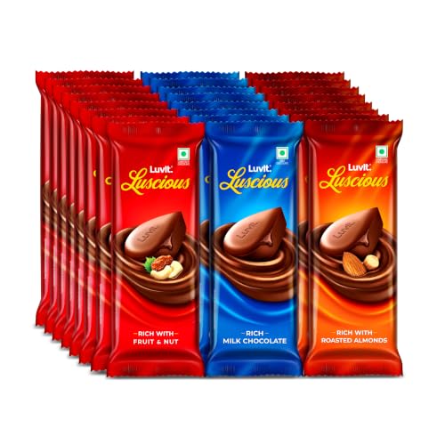 Image of LuvIt. Luscious Milk Chocolates Bar | Combo Pack of Milk, Fruit & Nut, Roasted Almond | Deliciously Smooth | Pack of 24-1264g
