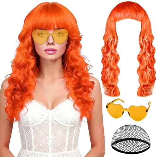PLULON Orange Neon Wigs for Women with Heart Sunglasses Colorful Long Curly Wigs Synthetic Colored Funny Cosplay Hairpieces for Daily Bachelorette Halloween Costume Party Decorations