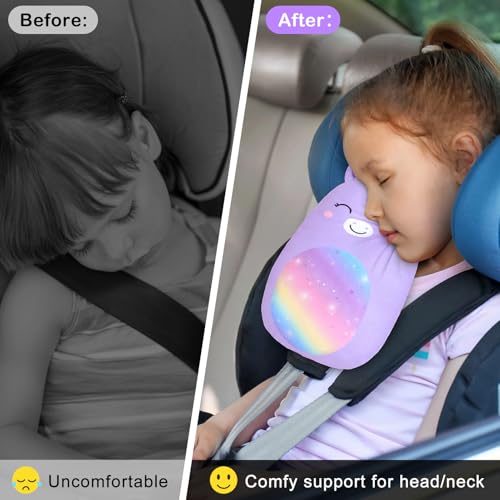 Image of Car Seat Strap Pads Seat Belt Cover Pad Car Pillow for Kids, Cute Seatbelt Pillow Covers for Toddler Boys Girls Travel Head Neck Shoulder Support, Purple Unicorn