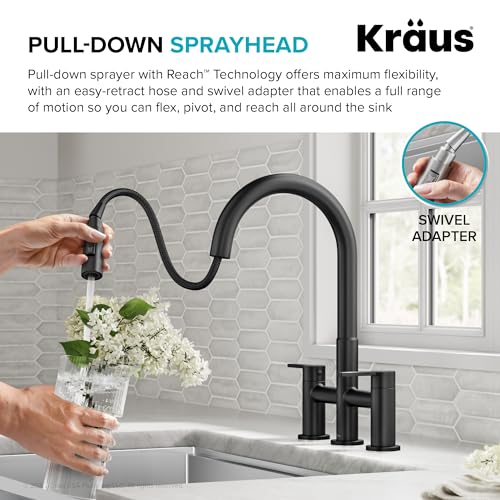 Image of KRAUS Oletto Bridge Kitchen Faucet with Pull-Down Sprayhead in Matte Black, KPF-3122MB