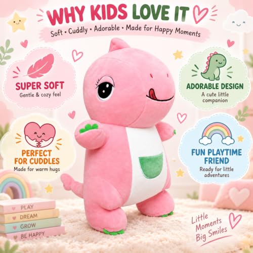 Image of Pink Dinosaur Soft Toy for Kids|25 CM Cute Plush Stuffed Animal| Soft Cuddly Dino Toy for Boys & Girls| Huggable Playtime Companion, Birthday Gift, Room Decor