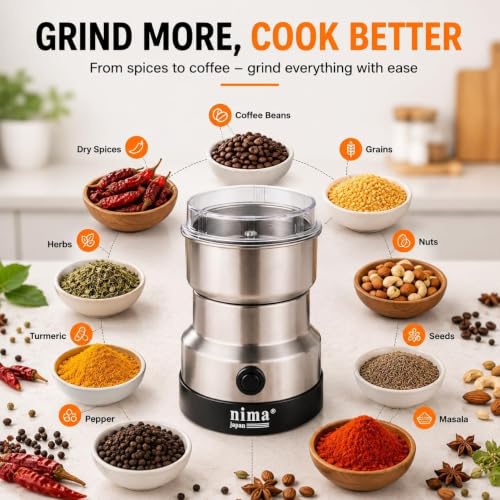 Image of KASHTHABHANJAN PHARMA Nima Mixer Grinder Smash Machine Stainless Steel Multifunctional Electric Grinder & Chopper Dried Spice Hurbal Masala Coffee Beans, Nuts & Grains (Silver)