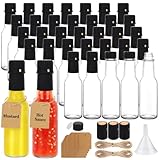 GUANENA 35 Pack 3oz Hot Sauce Bottles, Clear Glass Woozy Bottles with Leak Proof Black Screw Caps, Dripper Inserts and Shrink Capsules, Empty Small Wine Bottles with Labels (Bonus Funnel and Twine)