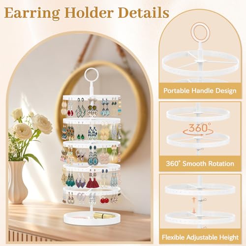Image of MODOWEY 5 Tier Rotating Earring Holder Organizer, Adjustable Display Tree with Metal Tray, 220 Holes Jewelry Rack for Pierced Stud Hoop Dangle, Large Capacity Space-Saving Stand for Women (White)