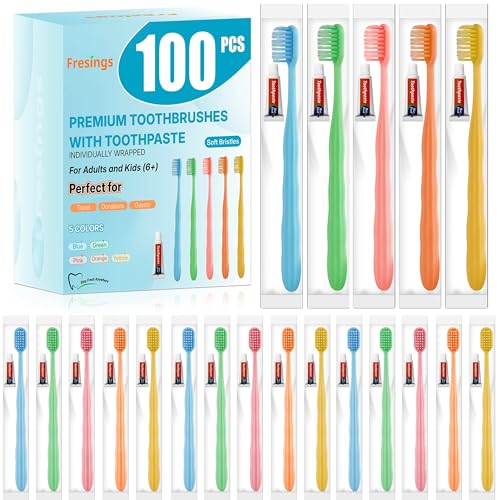 Fresings 100 Pack Disposable Toothbrushes with Toothpaste Individually Wrapped Soft PBT Bristles Peanut Grip Handle Fluoride-Free Bulk Travel Kit for Hotel Guests Emergency Adults & Kids