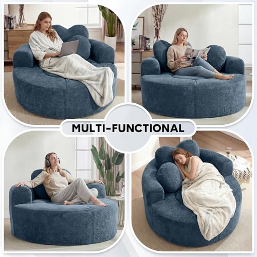 Image of Oversized Round Chair Lounge Chaise Indoor, 54.3 inch Upholstered Corduroy Deep Seat Single Cloud Sofa Chair with Heart-Shaped Pillow Modern Large Circle Boneless Couch for Living Room, Blue