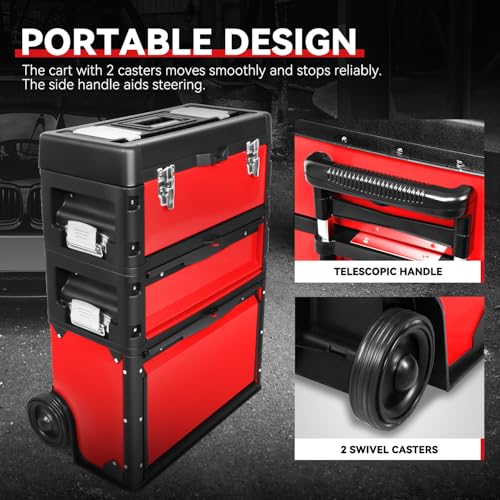 Image of Auto Dynasty Stackable Tool Box 3-Tier Tool Separate Organizer Rolling Tool Chest with Wheels 3-in-1 Upright Trolley for Garage or Workshop, Red
