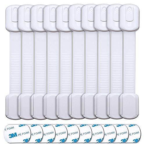 Cerraduras de Seguridad Niños,10 Pcs Bloqueo de Seguridad Bebés Adhesivo 3M Correa ajustable Cierres fáciles de instalarpara Puertas y Ventanas Gabinete de cocina Cajón Refrigerador Armario
