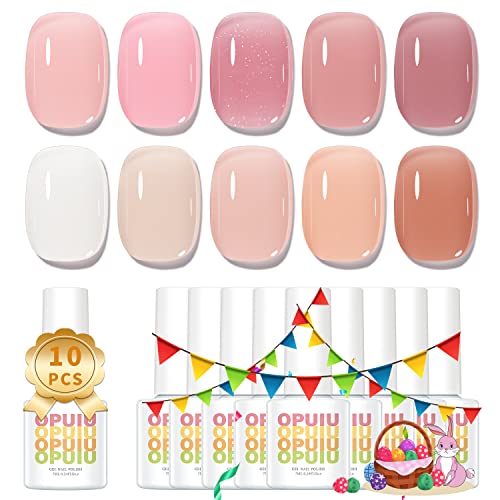 OPUIU Jelly Gel Nail Polish Set, 10 Colors Nude Gel Polish Kit Neutral Milky White Sheer Light Pink Natural Gel Polish Transparent Red Shimmer Shellac Gel Nail Polish, Soak Off UV Translucent Nail Polish Gel Salon Manicure DIY Home Nail Art Design Valentine's Day Gifts for Girls