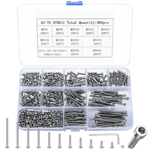 480 Pcs M3 Bolts and Nuts Set, M3 Screws Set, Hex Socket Head Cap Screws and Nuts Assortment Kit, Stainless Steel Machine Bolts for DIY Repair Bicycle Motorcycle