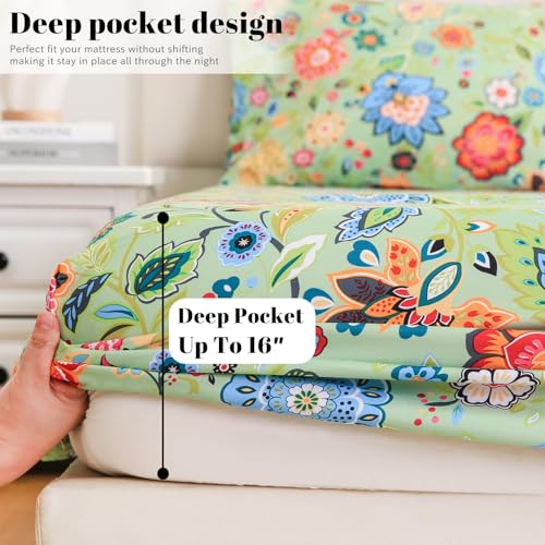 Image of Bedlifes Floral Pattern Bed Sheet Set Queen Size, 16 inch Deep Pocket 4PCS | Ultra Soft Microfiber, Breathable & Silky, OEKO-TEX Certified, Easy-Care Machine Washable, 4PCS, All-Season Spring Bedding