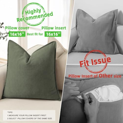 ZWJD Army Green Pillow Covers 16x16 Set of 2 Chenille Throw Pillow Covers with Elegant Design Soft and Luxurious Decorative Throw Pillows for Couch, Bed, and Home Decor