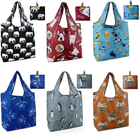 BeeGreen Reusable Grocery Bags Foldable 6 Pack Shopping Bags Large 50LBS Cute Groceries Bags w Pouch Bulk Ripstop Watertight Machine Washable Nylon Compact Elephant Hedgehog Cat Turtle Dog Penguin