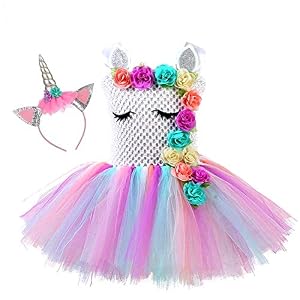 Sincere Party Mädchen Einhorn Prinzessin Regenbogenfarbene Tutu Kleid für Mädchen Geburtstagsfeier, Halloween Einhorn Kostüm oder jeden Tag Einhorn Motto Anlässe (4-5 Jahre/110-120cm).
