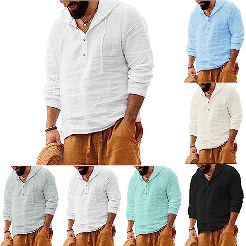 Mens Long Sleeve Pullover Hoodie Linen Henley Tshirts Casual Button Up Lightweight Hippie Yoga Tee Tops