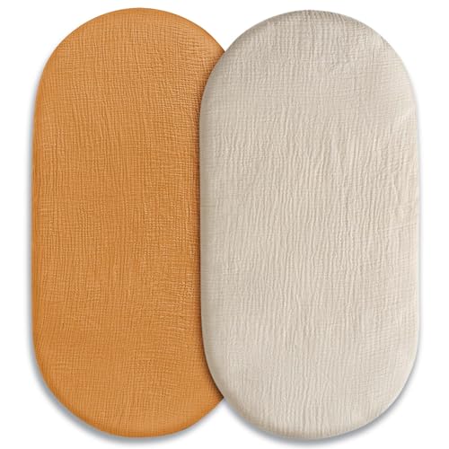 Image of Muslin Bassinet Fitted Sheets, 2 Pack for Baby Boy and Girl, Soft Breathable Stretchy Baby Pad/Mattress Sheet Set, Universal Fit for Hourglass Oval and Rectangle Bassinet Mattress (Elegant Colors)