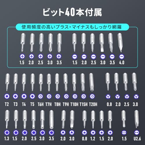 サンワダイレクト 電動精密ドライバー ペン型 40in1 トルク調整 3段階 USB-C充電式 LEDライト付 正逆転切替 小型 電動ドライバー 精密ドライバーセット 800-TK051 の商品画像 5