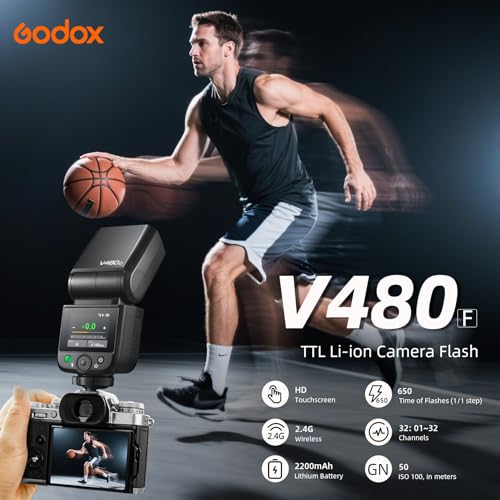 Image of Godox V480F TTL Speedlite Flash for Fujifilm Cameras, GN50, 2.0 inch Touchscreen, HSS 1 /8000s, 2.4G Wireless, USB-C Rechargeable, 650 Full-Power Flashes, Compatible with X-T5 X-T4 X-H2 X-S20 X-Pro3 X-E4
