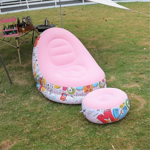 Image of Primechoice Inflatable Lounge Chair with Footrest 2-in-1 Air Sofa for Adults, Folding Portable Lazy Recliner with Pump for Indoor Living Room, Bedroom, Office, Outdoor Camping (Graffiti Pink)