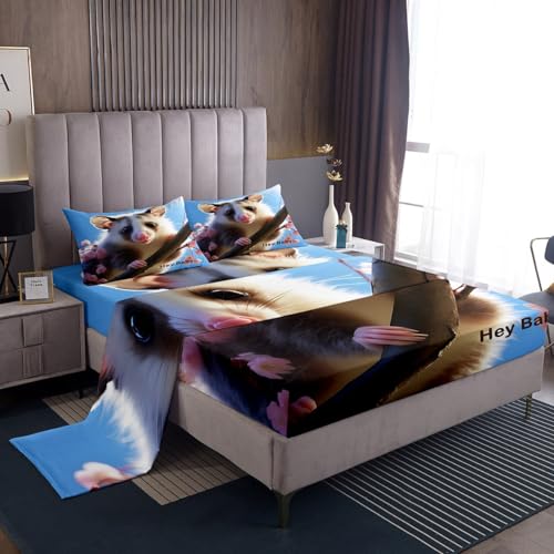 Full Size Opossum Sheet Set Boys Girls Possums Gifts Bed Sheets Set For Kids Women Men Ultra Soft Possums Bedding Set Possum Stuffed Nature Animal Bed Set (Flat Sheet + Fitted Sheet + Pillow Case)