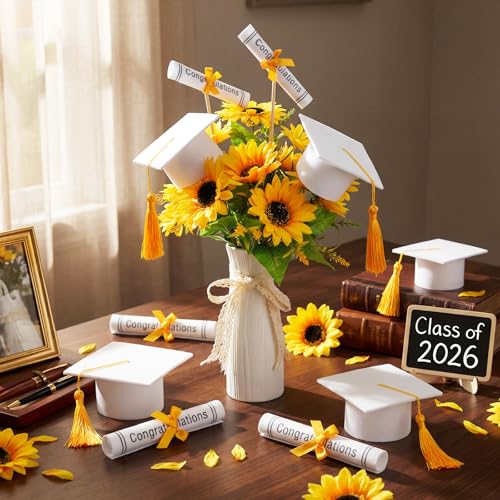 Image of Breling 12 Pcs White and Gold Graduation Centerpiece Sticks Felt Graduation Scroll Diploma and Grad Cap with Tassel Decor 2026 Table Toppers Centerpiece Party Supplies for Grad Party Decorations