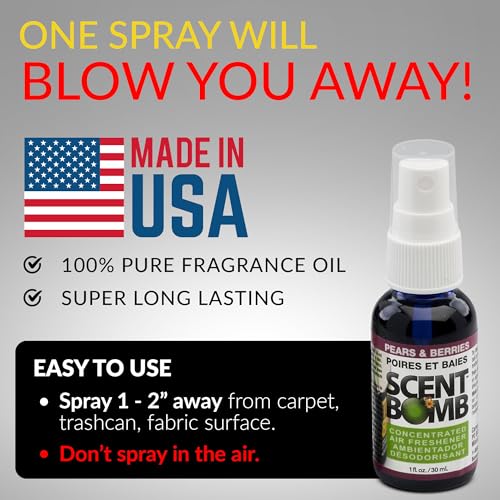 Image of Scent Bomb Air Freshener Spray, Long-Lasting Odor Eliminator - Effective Deodorizer for Home & Car, Fresh Room Spray for Kitchen, Bathroom & Smell Neutralizer - 1 oz Pack of 4, Pears and Berries Scent
