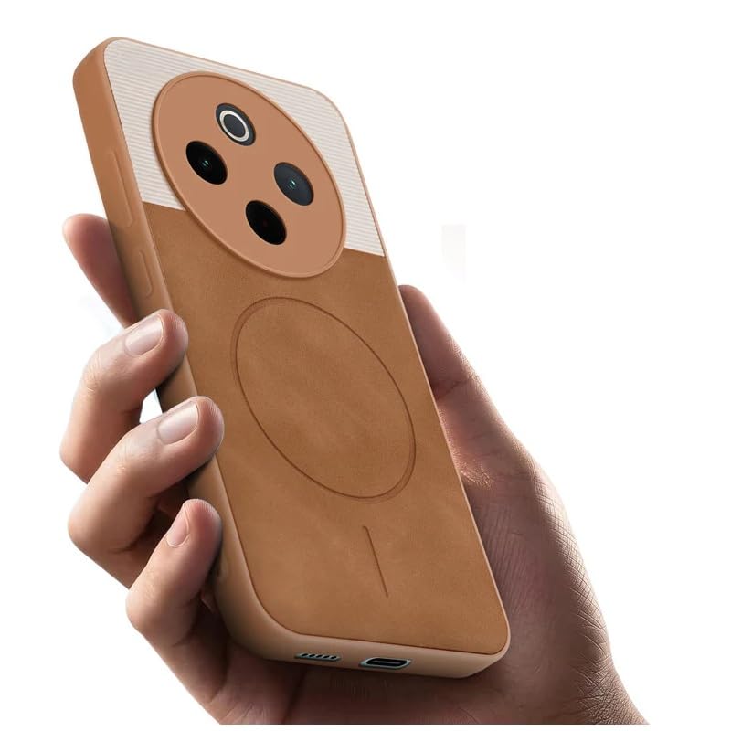 Image of Bintage case Dual-Leather Macc-Safe Design Phone Case| Soft Touch Finish | Full Camera Protectection Back Cover Compatible for IQOO I2407 / Z10 5G /Vivo T4 5G - White & Nut Brown