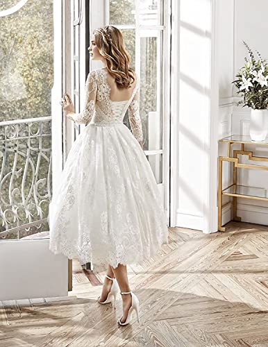 Mouccy Elegant Lace Short Wedding Dresses For Bride 2023 3/4 Sleeve Tea Length Bridal Gowns Beach White Wedding Gowns Petite Size #TOP1