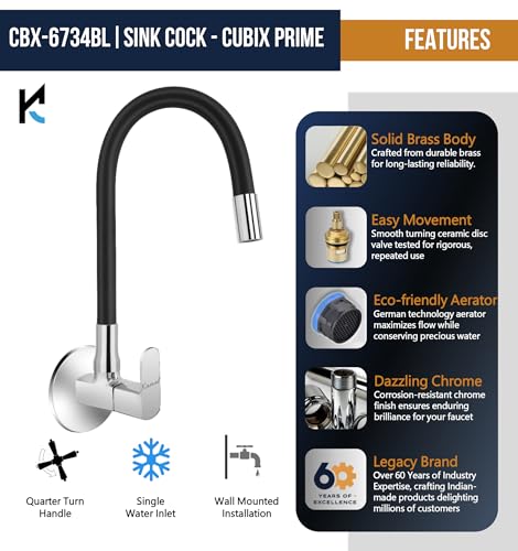 Image of KAMAL Flexible Sink Tap Cubix Prime | with 360 Degree Flexible Silicone spout | Single Flow Bubble Aerator | Black & Chrome Bib Tap Faucet (Wall Mount Installation Type)