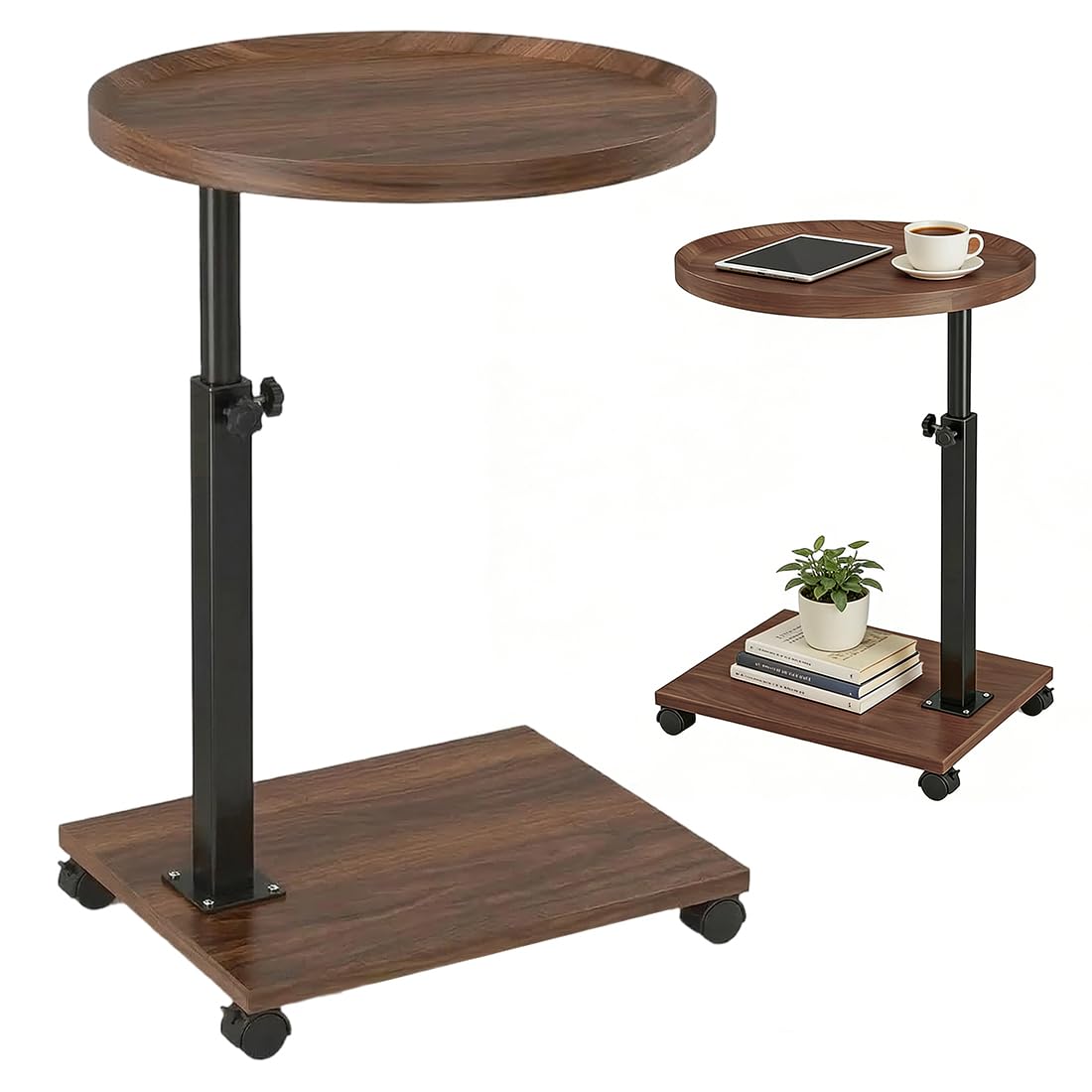 Mesa auxiliar con ruedas, mesa auxiliar de madera, forma redonda, mesa auxiliar regulable en altura, con acabado de nogal giratorio 360°, para sofá (color nogal)