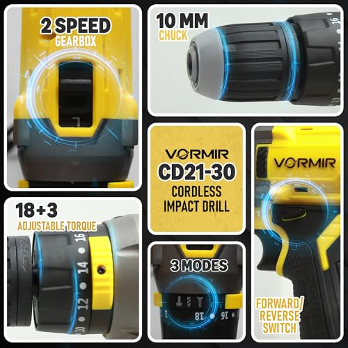 Image of IBELL VORMIR VR CD21-30 20V Max Cordless Drill Driver | 30 Nm Torque, 2 Modes (Drill & Impact), Dual Speed 0-450 /1450 RPM, 10mm Chuck,2.0Ah Li-ion 2 Batteries & Fast Charger-1 Year Warranty