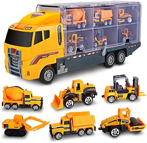 Bambibo Construction Truck Toys for Boys - 7 in 1, Construction Vehicle Toys | Mini, Construction Toys for 3+ Year Old Boys Girls | 14 inch Car Carrier Truck Toy with Die-cast Construction Toys