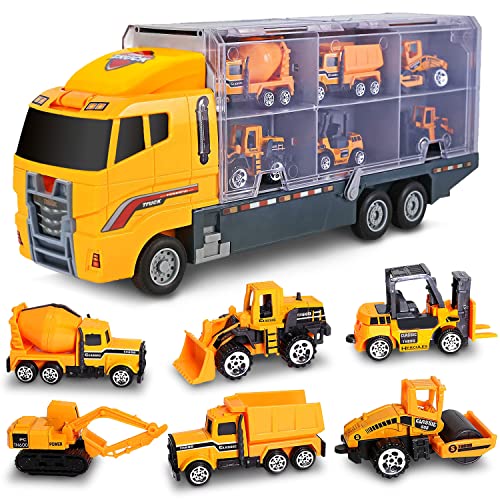 Bambibo Construction Truck Toys For Boys - 7 In 1, Construction Vehicle Toys | Mini, Construction Toys For 3+ Year Old Boys Girls | 14 Inch Car Carrier Truck Toy With Die-Cast Construction Toys #TOP26