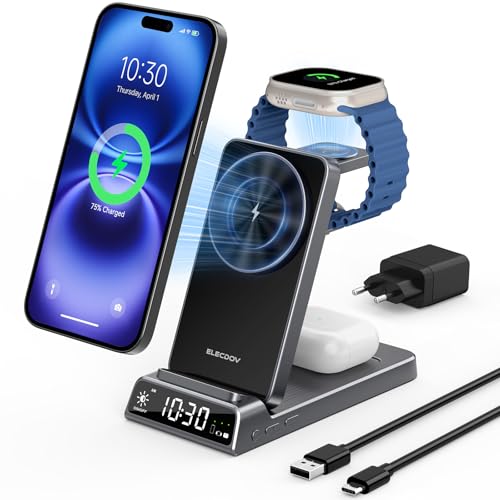 Chargeur sans Fil pour Apple, Station de Charge magnétique 3 en 1 avec Horloge, Support de Charge sans Fil de Voyage Pliable pour iPhone 17e/17 Pro/16/15,...