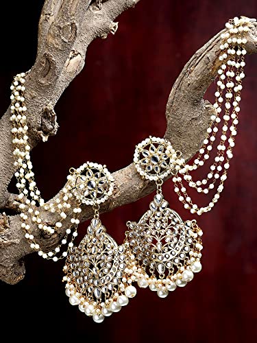 Image of Karatcart Gold Plated Pearl Beaded Kundan Kaanchain Earrings for Women