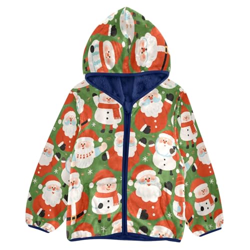 Santa Claus Pattern on Green Toddler Fleece Jacket Girl Boys Hooded Fleece Jacket Coat Warm Outwear Zip-up 3-10T