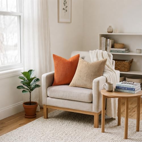 Image of Mecatny Corduroy Fall Decorative Throw Pillow Covers 24x24 Set of 2 for Sofa Living Room, Soft Neutral Boho Couch Pillow Covers for Home Decor, Burnt Orange